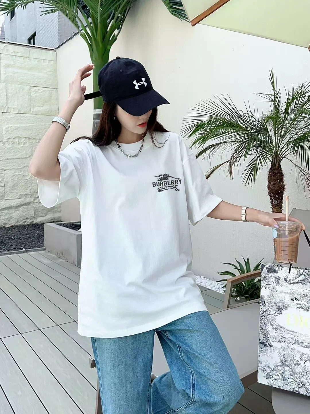 P85✨🔥 [BURBERRY] 2026FW short-sleeved T-shirt, embroidery technology, Premium 26s double yarn 300g fabric, heavy fabric, custom stretcher rib, same vat and dye, complete three labels, same style for men and women, Color: Black White Gray Size: S M L XL 2XL